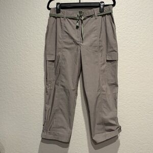 Chicos Womens Size 1 US 8 Beige Cotton Blend Cargo Roll Tab Capri Pants Beach